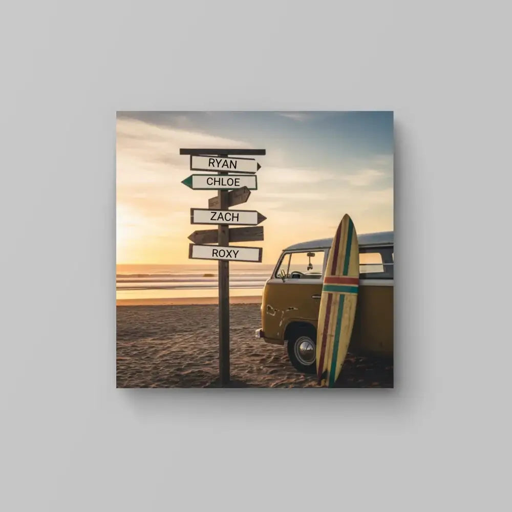 Custom beach surfer sign poster with wooden signpost, vintage yellow camper, and surfboard at sunset