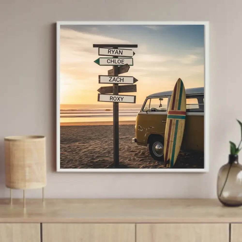 Framed custom beach surfer sign wall art with Trini Skies print