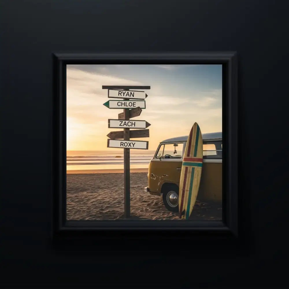 Framed custom beach surfer sign poster with vintage van, surfboard, and directional art