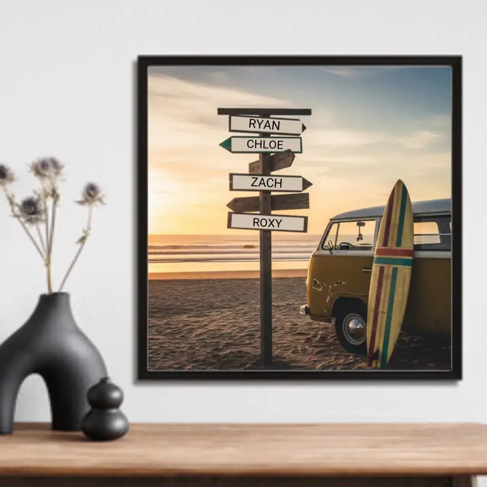 Framed custom beach surfer sign poster with vintage van and surfboard for beach decor