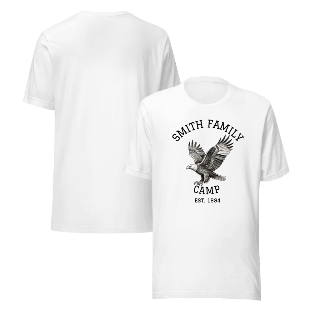 Gray Bella+Canvas T-shirts featuring custom embroidered eagle design and family camp text
