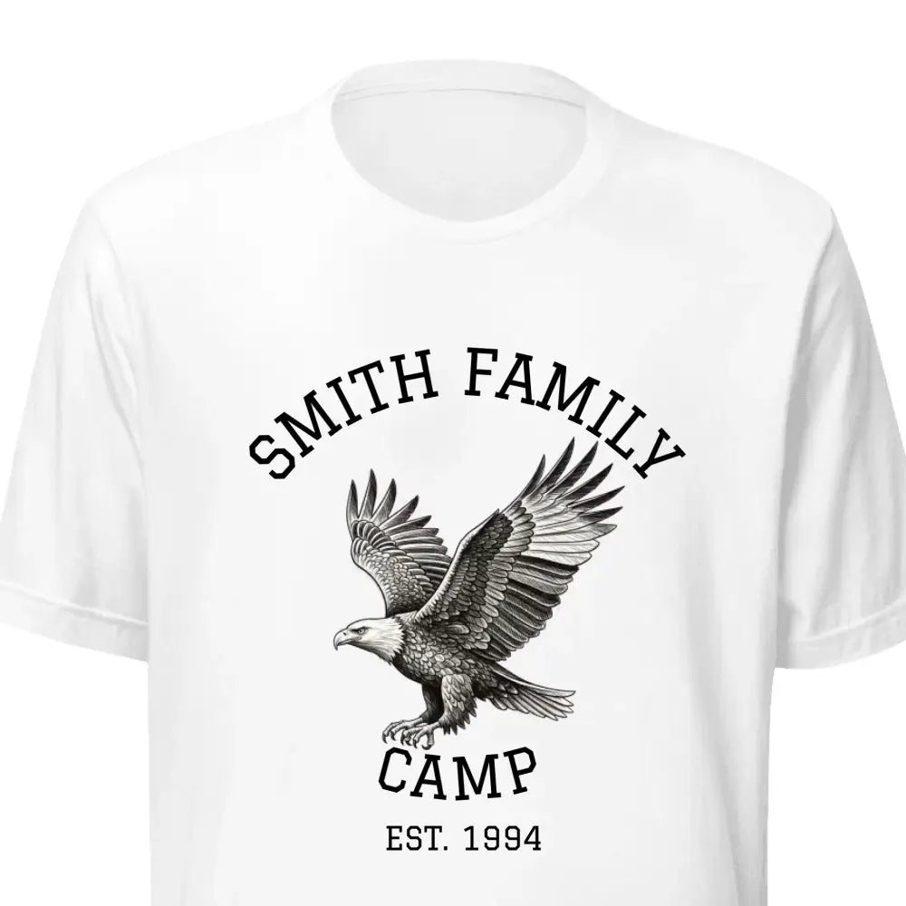 White short-sleeved Bella+Canvas T-shirt with eagle graphic and text, perfect for custom family vacation shirts