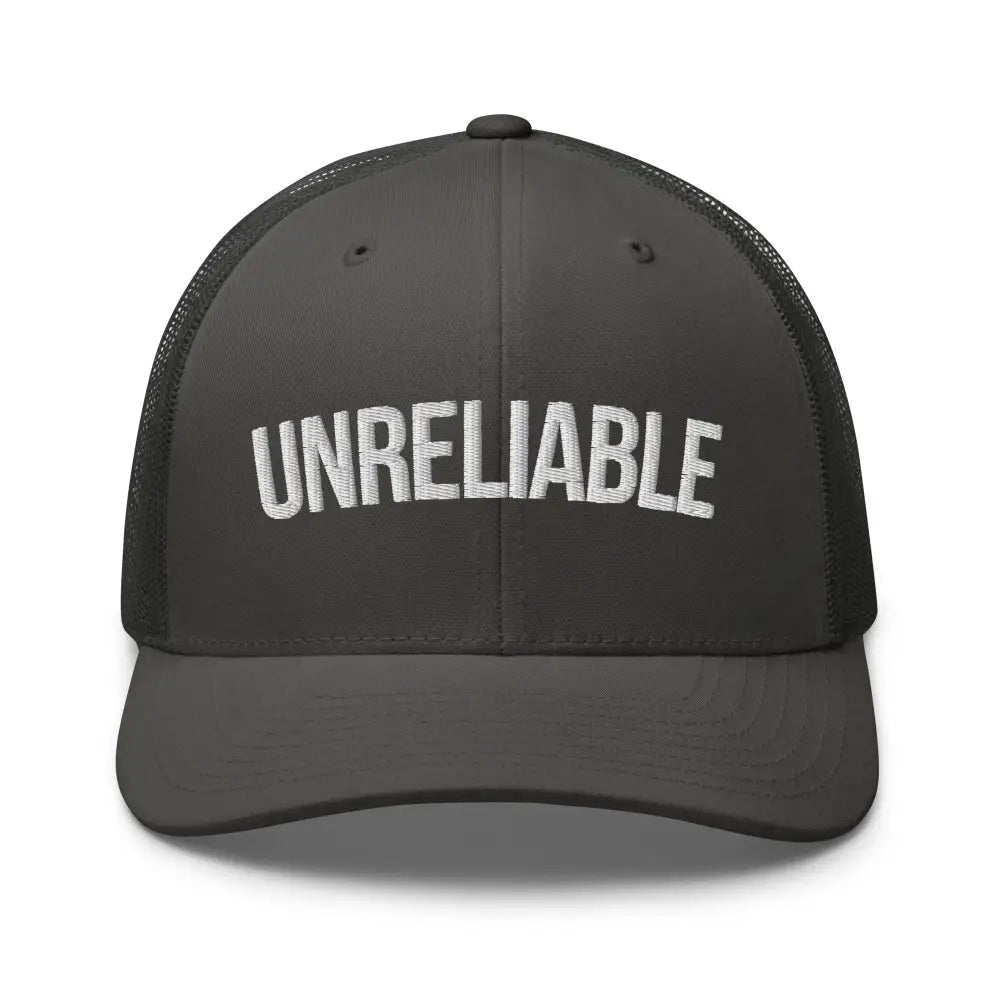 Custom embroidered unreliable dark gray trucker hat with snapback