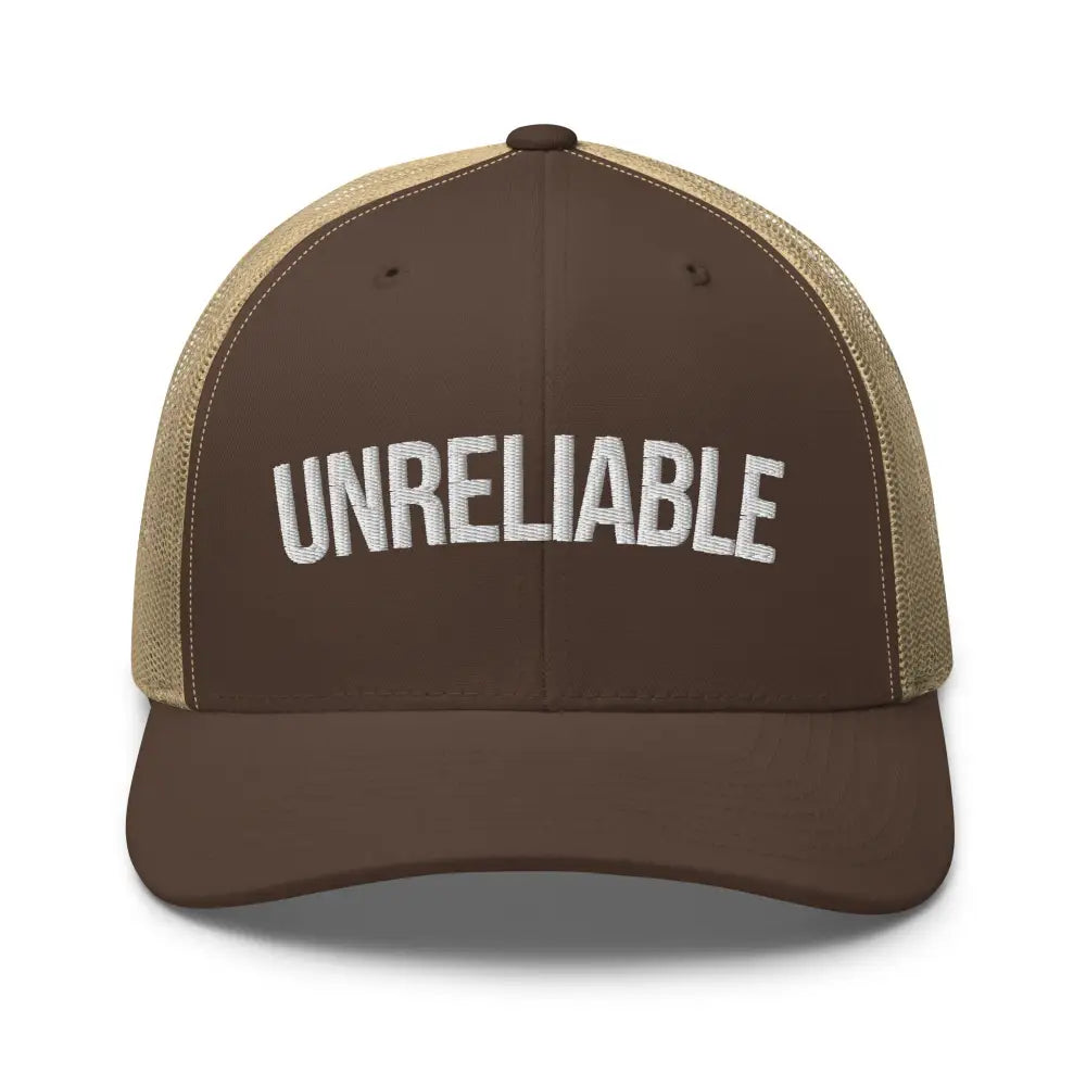 Brown and tan custom embroidered unreliable trucker hat