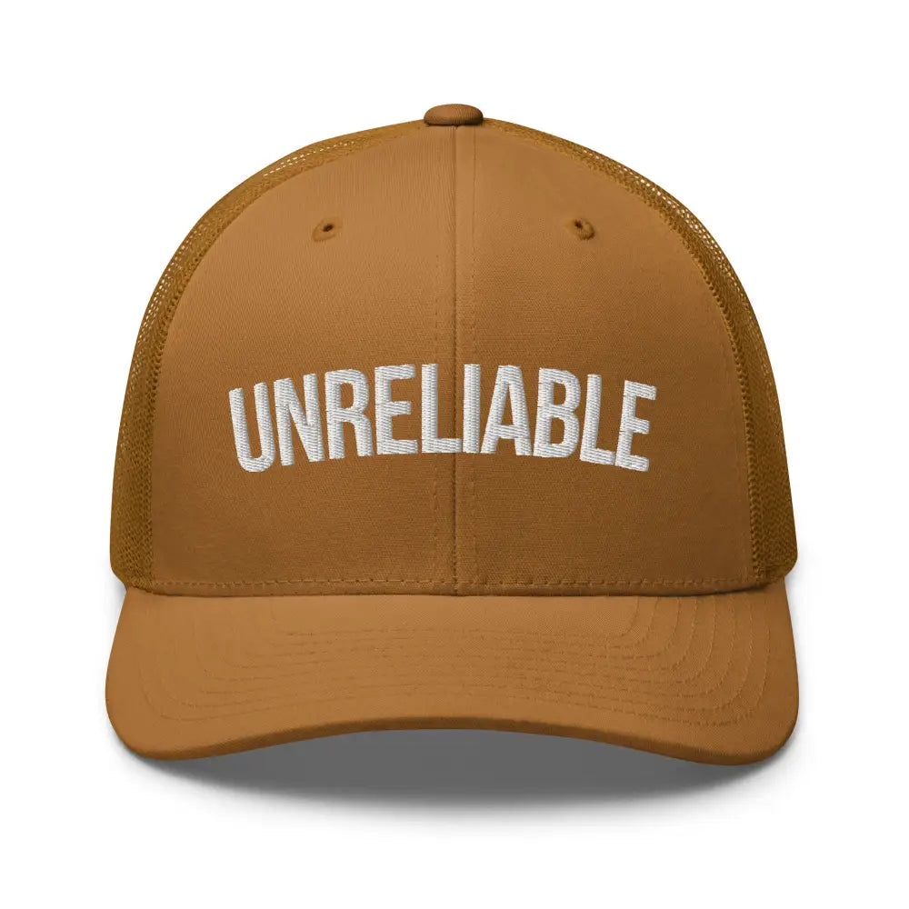 Brown mesh-back embroidered Unreliable trucker hat with snapback