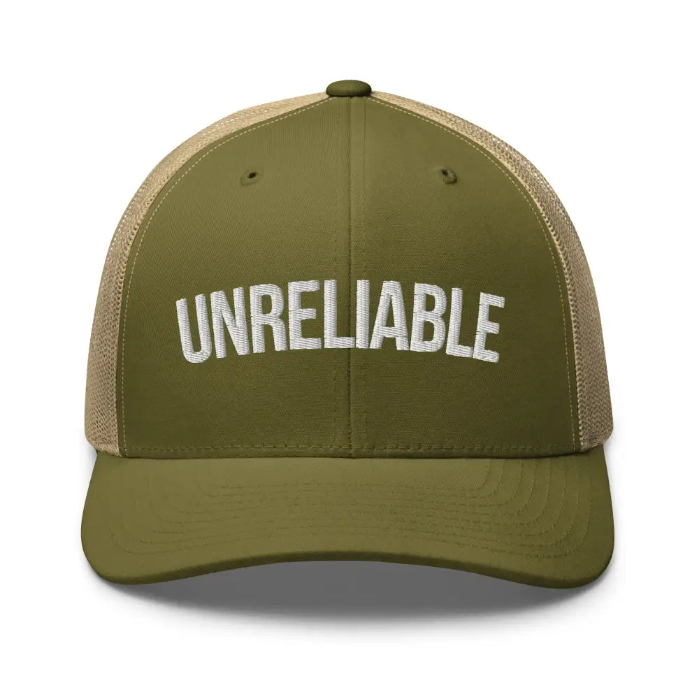 Custom embroidered Unreliable trucker hat in olive green and tan with mesh back