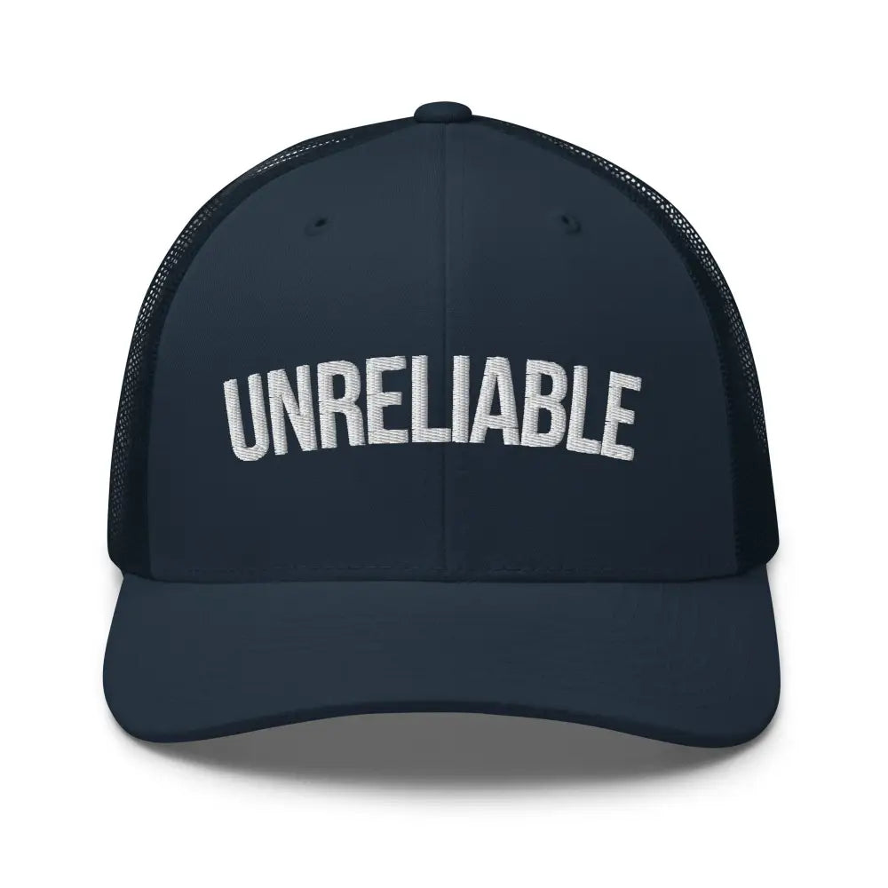 Dark blue embroidered Unreliable trucker hat with mesh back