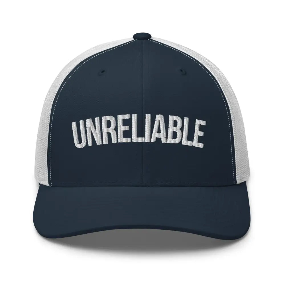 Navy blue custom embroidered Unreliable trucker hat with white mesh back