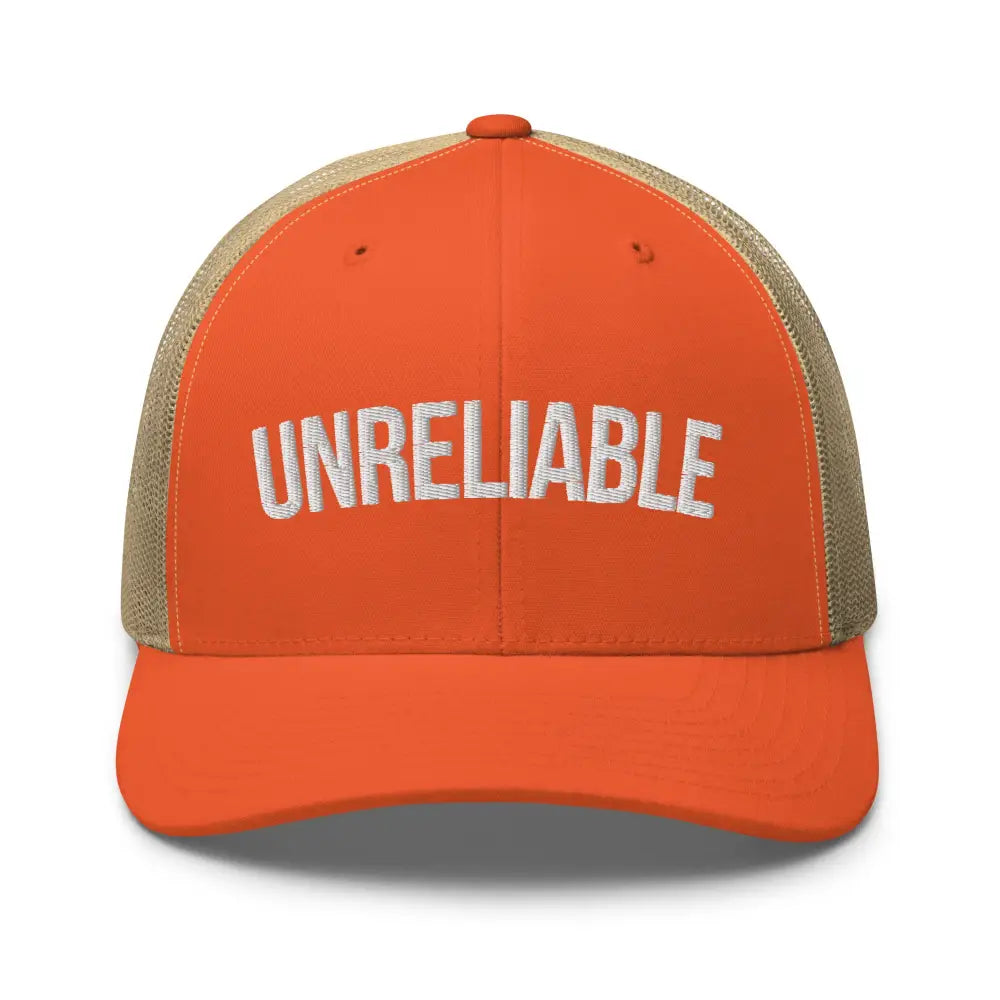 Custom embroidered Unreliable trucker hat in orange and khaki