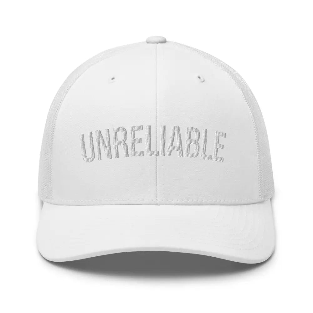 White custom embroidered Unreliable trucker hat adjustable snapback