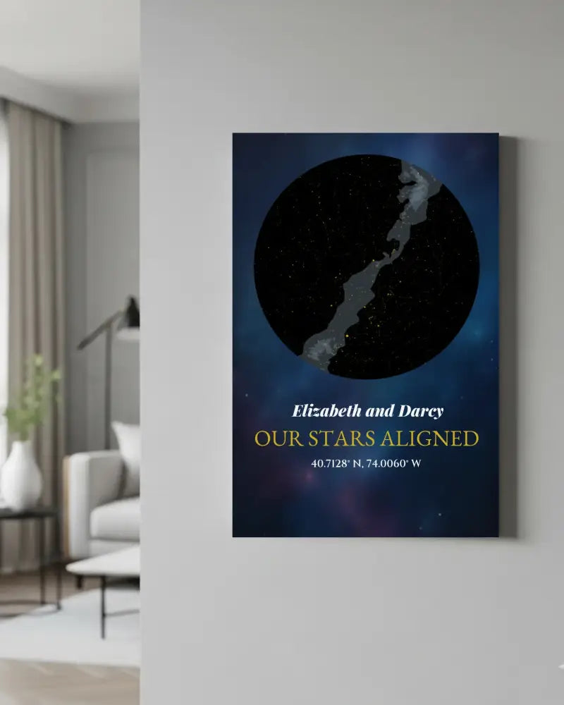 Personalized moon phase canvas with celestial map on dark blue background for wall decor