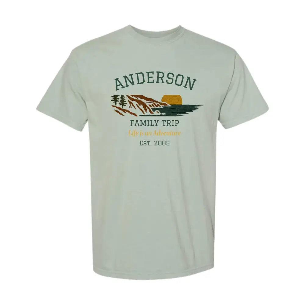 Light green custom mountain sunset t-shirt with scenic family trip design for outdoor adventures