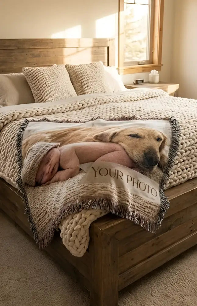 Custom photo woven blanket by Trini Skies Graphics: cotton picture throw with golden retriever and baby print