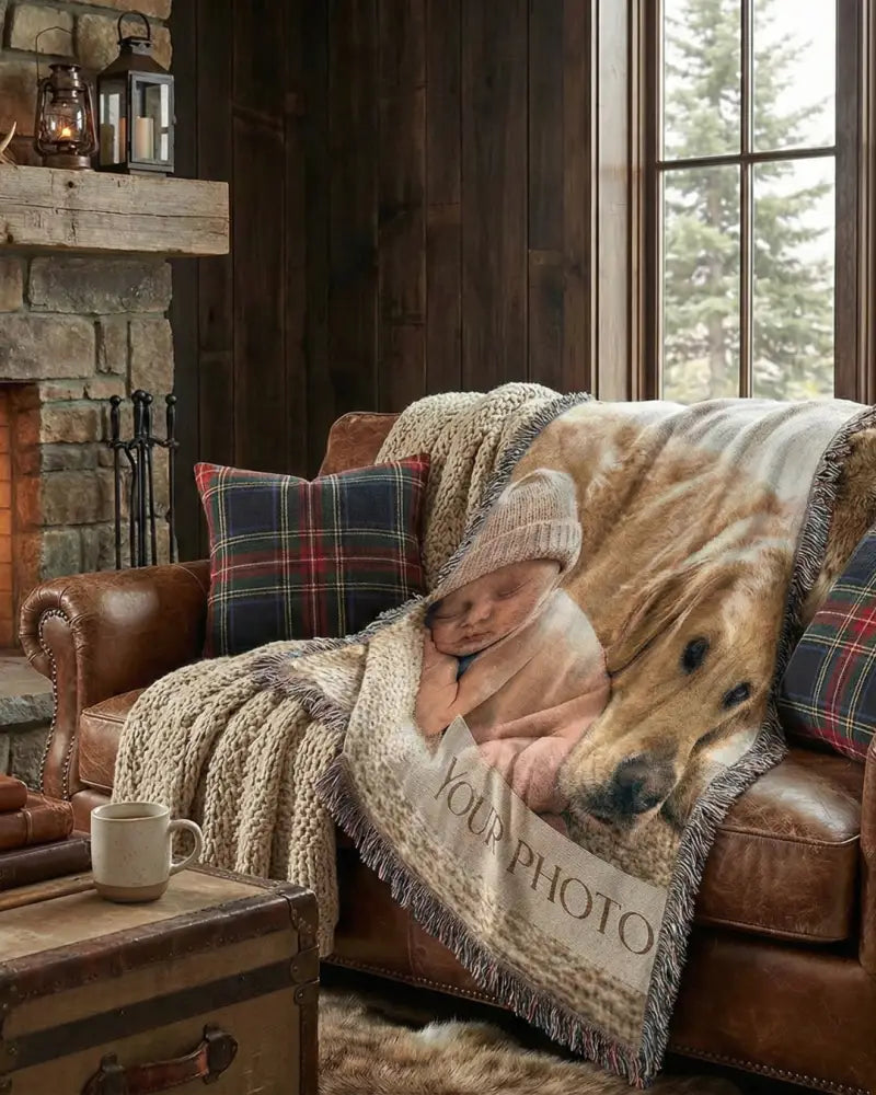 Trini skies custom photo woven blanket with sleeping baby and golden retriever print