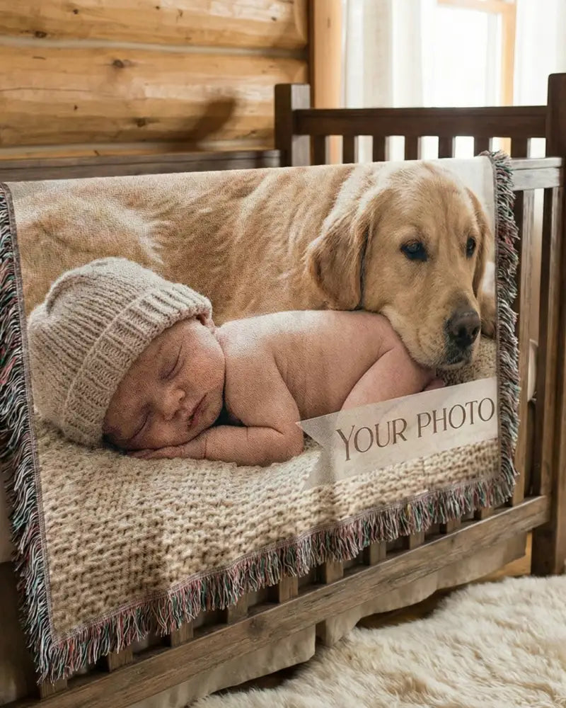 Custom photo woven blanket by Trini Skies Graphics with sleeping baby and golden retriever print