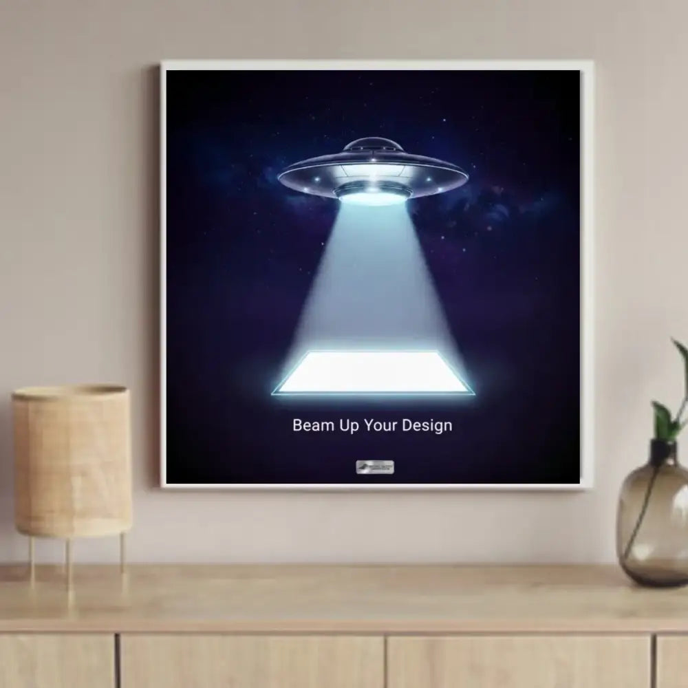Custom square image poster of UFO beaming light on rectangle