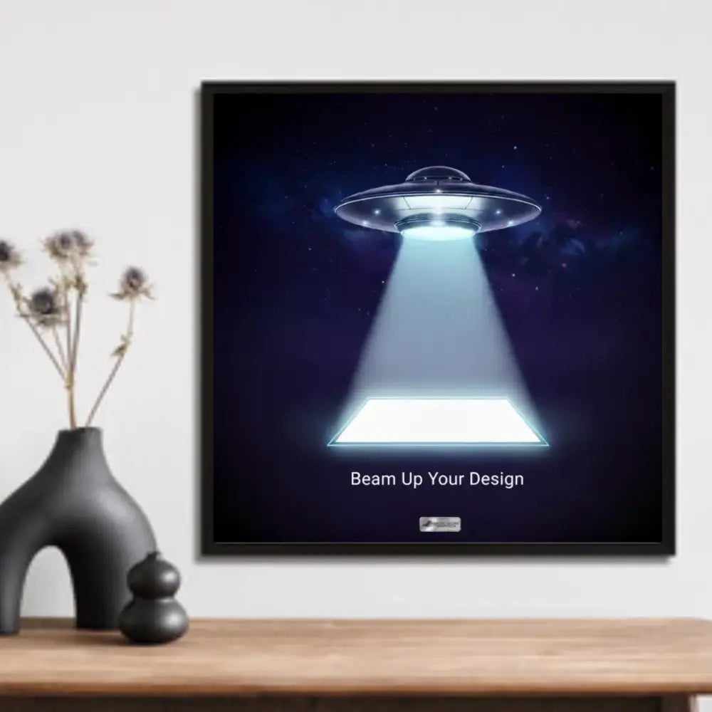 Custom square image poster of UFO beaming light on platform