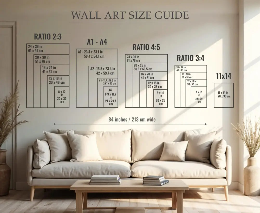 Wall art size guide displayed above a sofa for custom square image poster on museum quality matte paper
