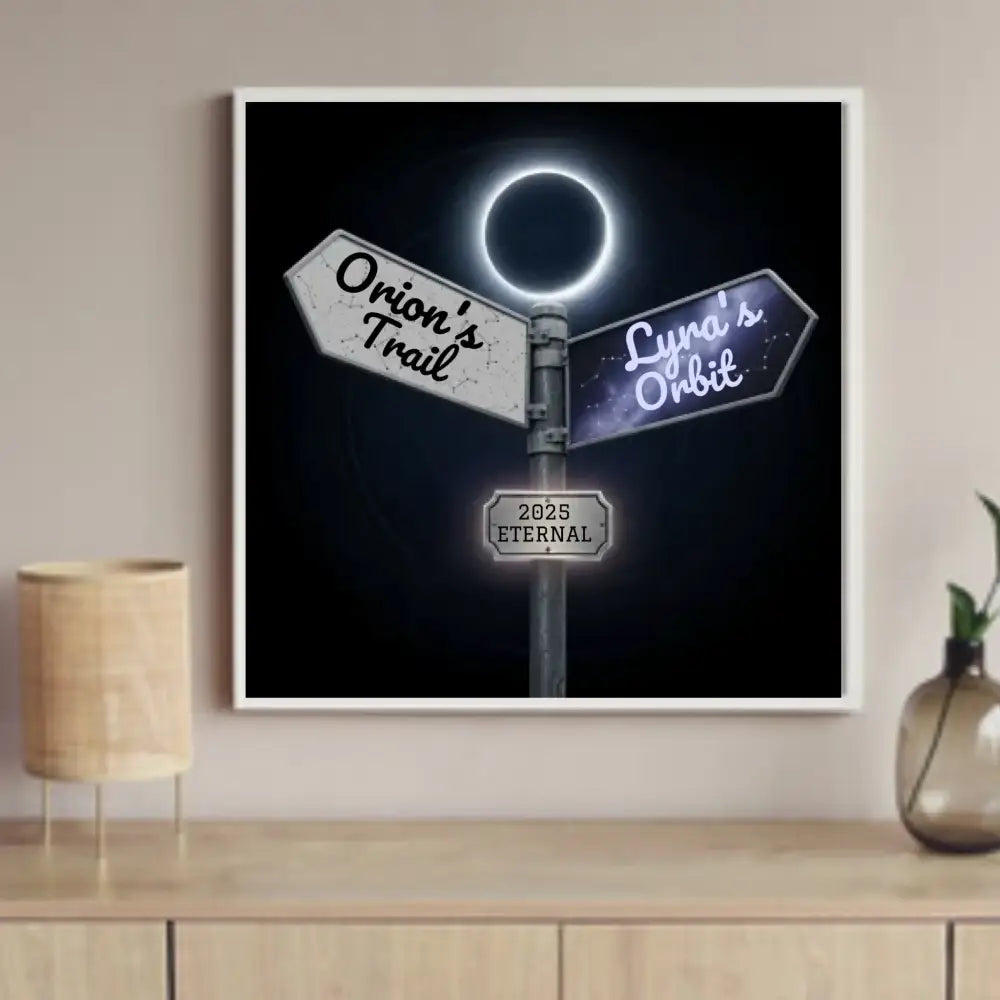 Framed custom square starry trails poster featuring a cosmic signpost for wall art