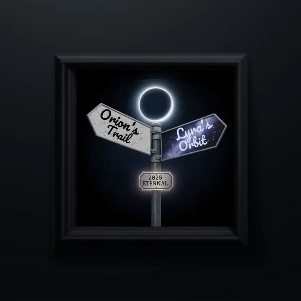 Custom square starry trails poster featuring a glowing directional signpost for astrophotography decor