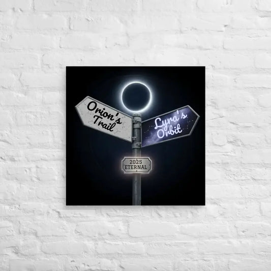 Custom square starry trails poster featuring a celestial-themed signpost wall art