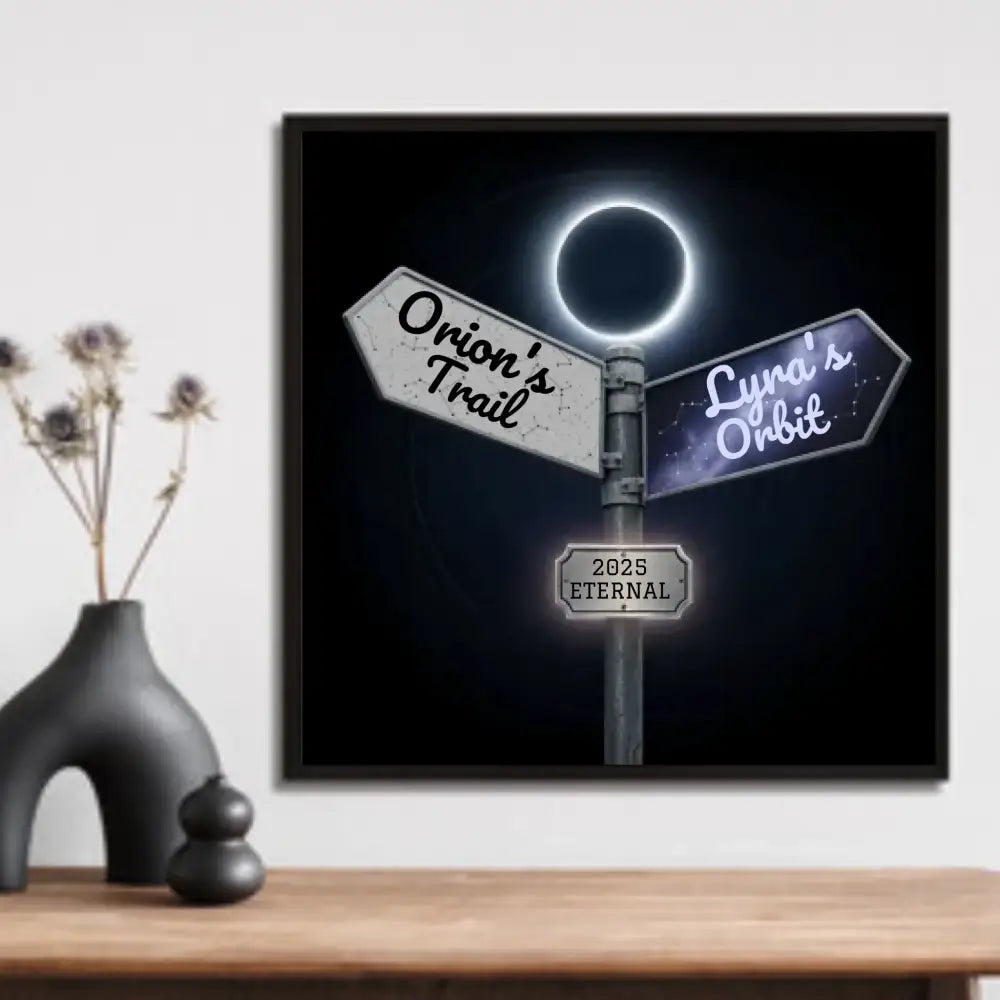 Custom square starry trails poster featuring framed celestial road sign artwork