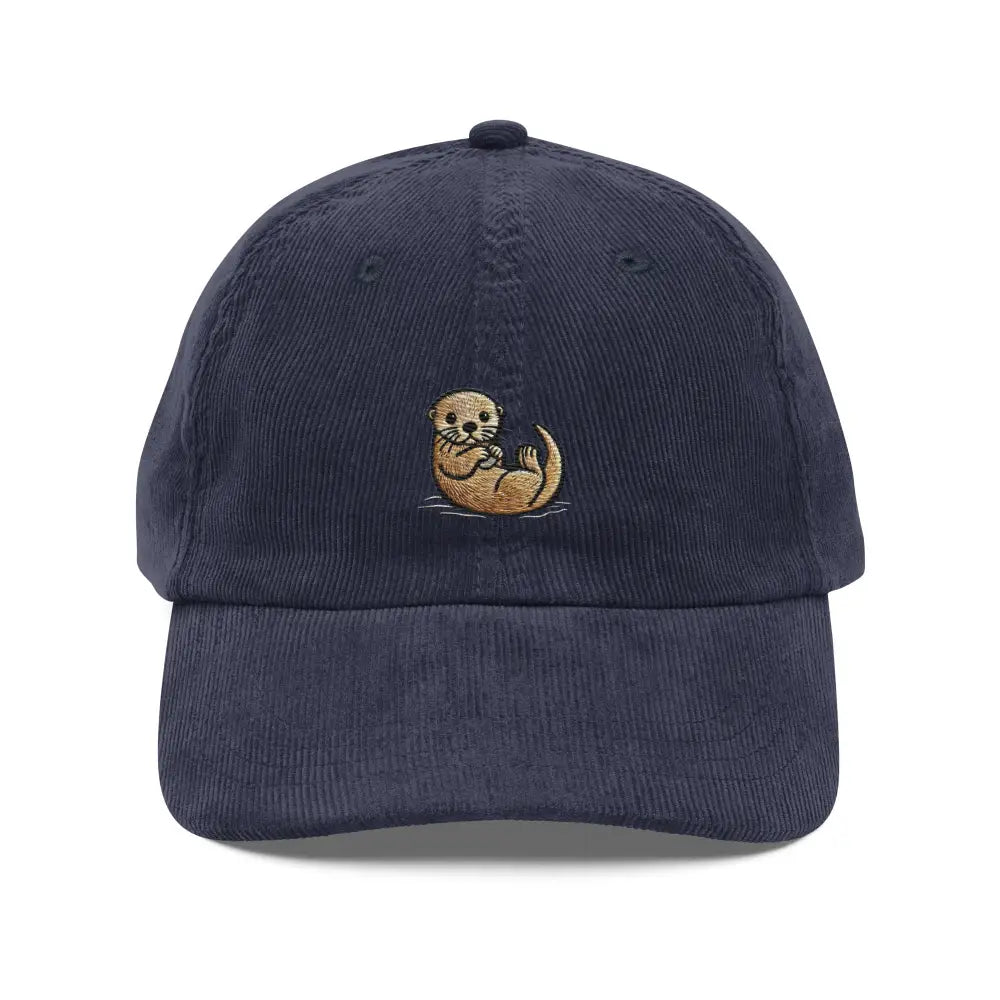 Trini Skies adorable otter embroidered navy blue corduroy cap