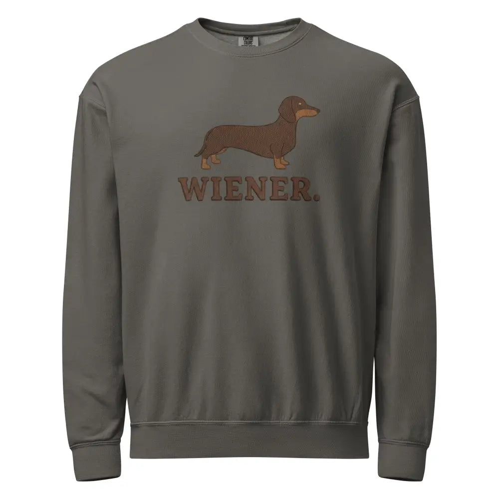 Charcoal gray dachshund graphic sweatshirt with wiener dog text