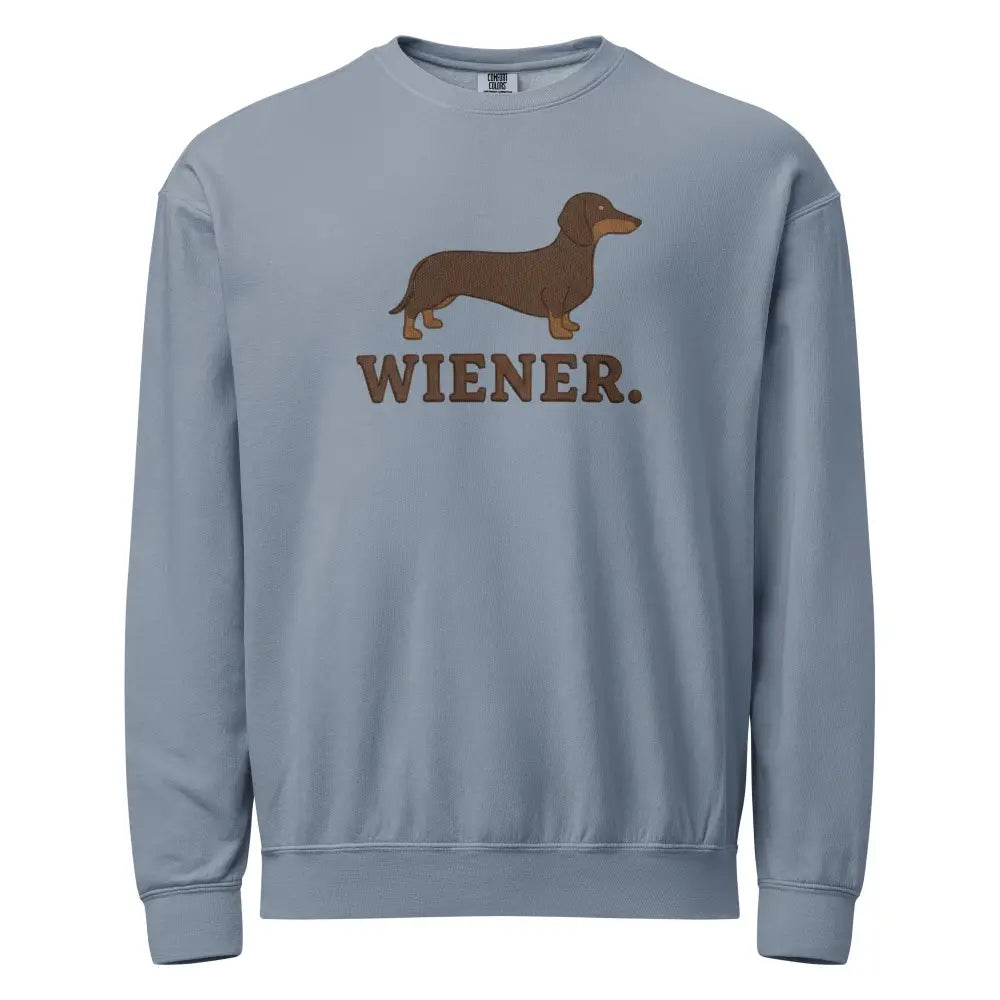 Blue Wiener Dog Graphic Sweatshirt with Funny Dachshund Text