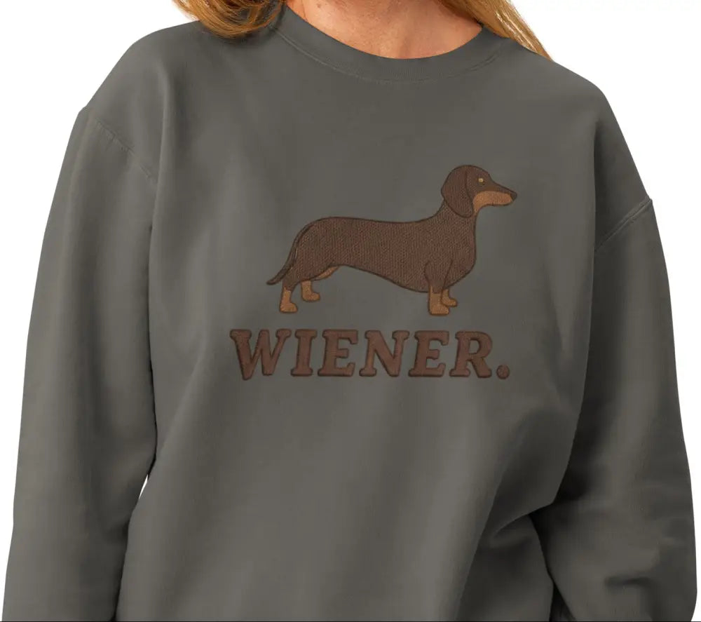 Charcoal gray sweatshirt with wiener dog graphic and Wiener text