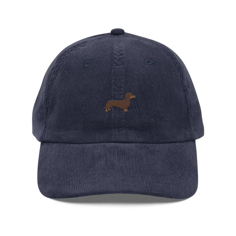 Navy blue corduroy hat with brown wiener dog embroidery
