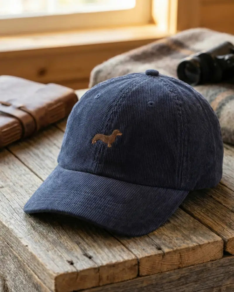 Navy corduroy hat with embroidered wiener dog design, adjustable strap