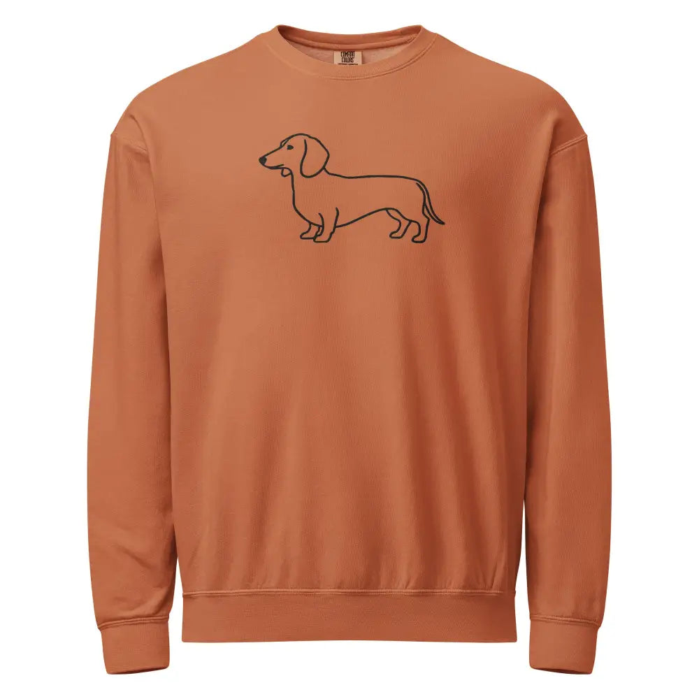 Terracotta Dachshund sweatshirt with minimal line art wiener dog design