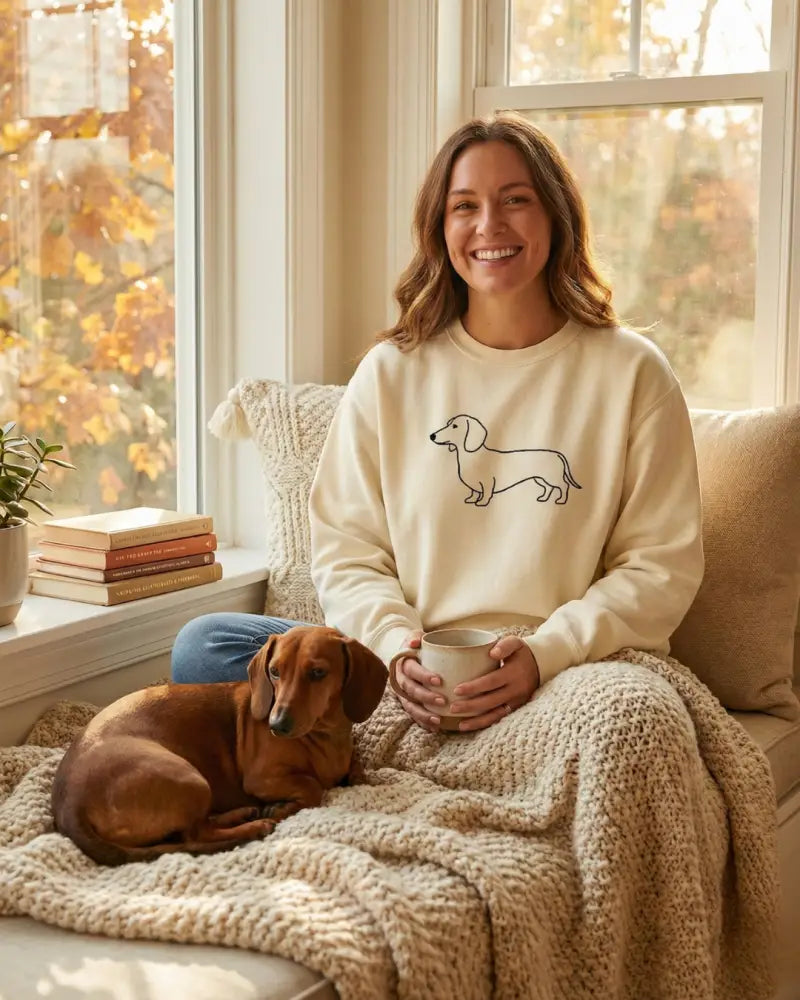 Cream-colored minimal line art wiener dog dachshund sweatshirt