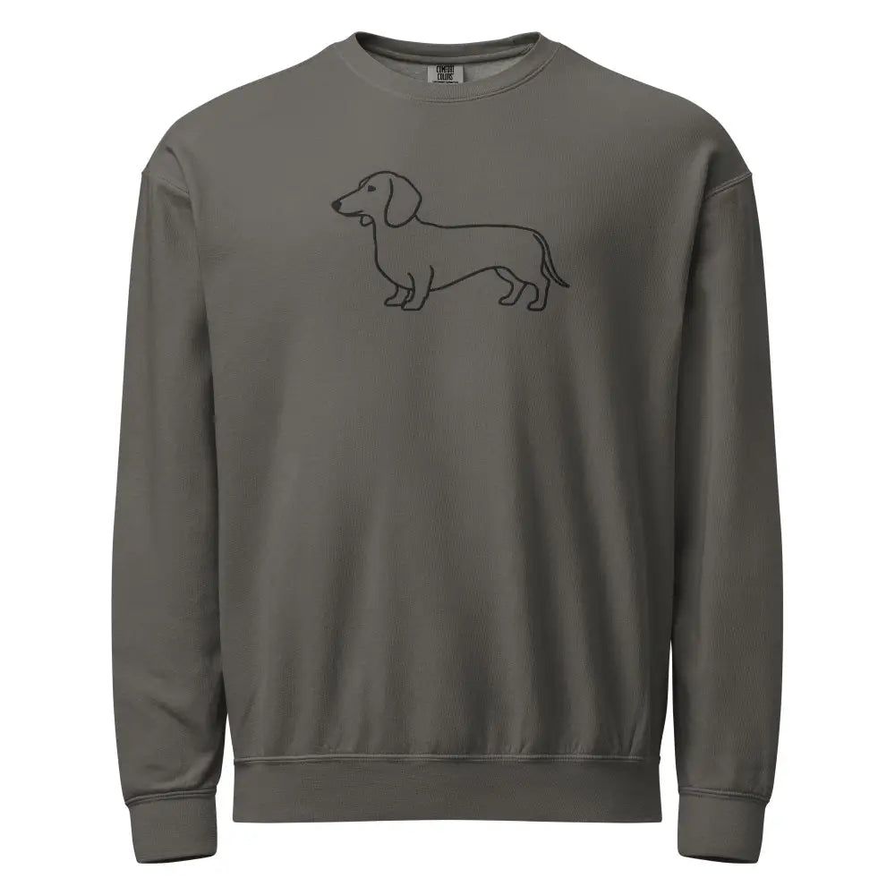 Charcoal gray crewneck sweatshirt with minimal line art wiener dog design
