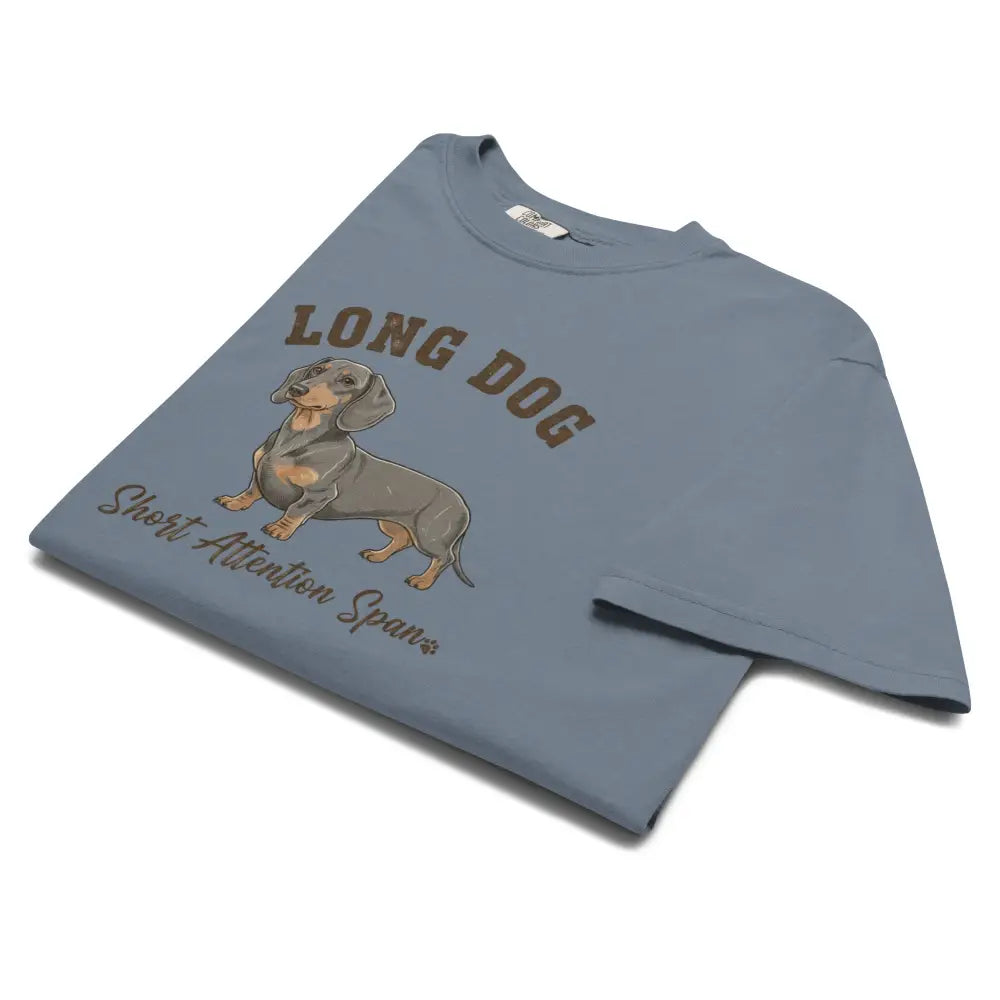 Blue long dog t-shirt with dachshund graphic and Short Attention Span text