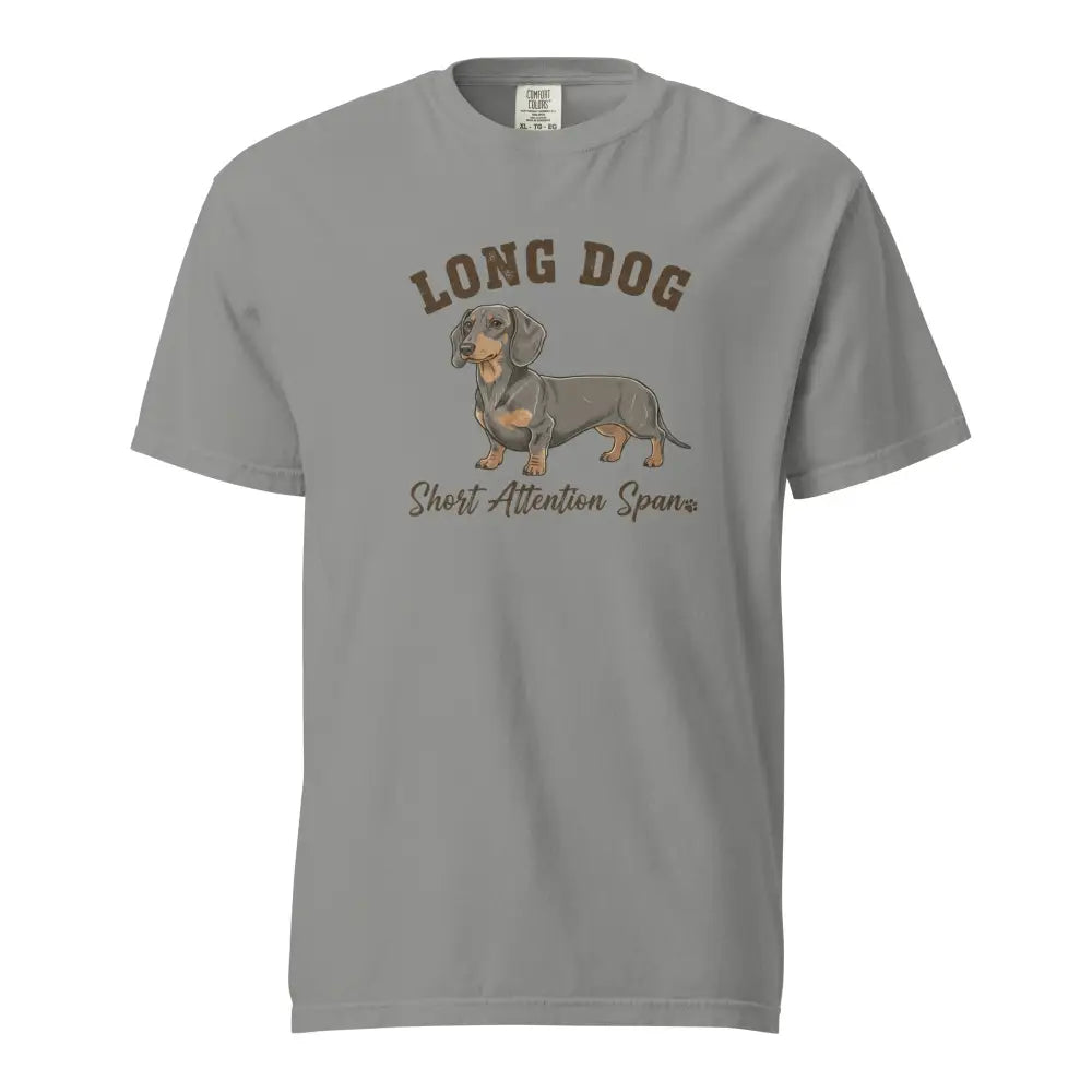 Gray Dachshund Tee with Long Dog Short Attention Span Illustration