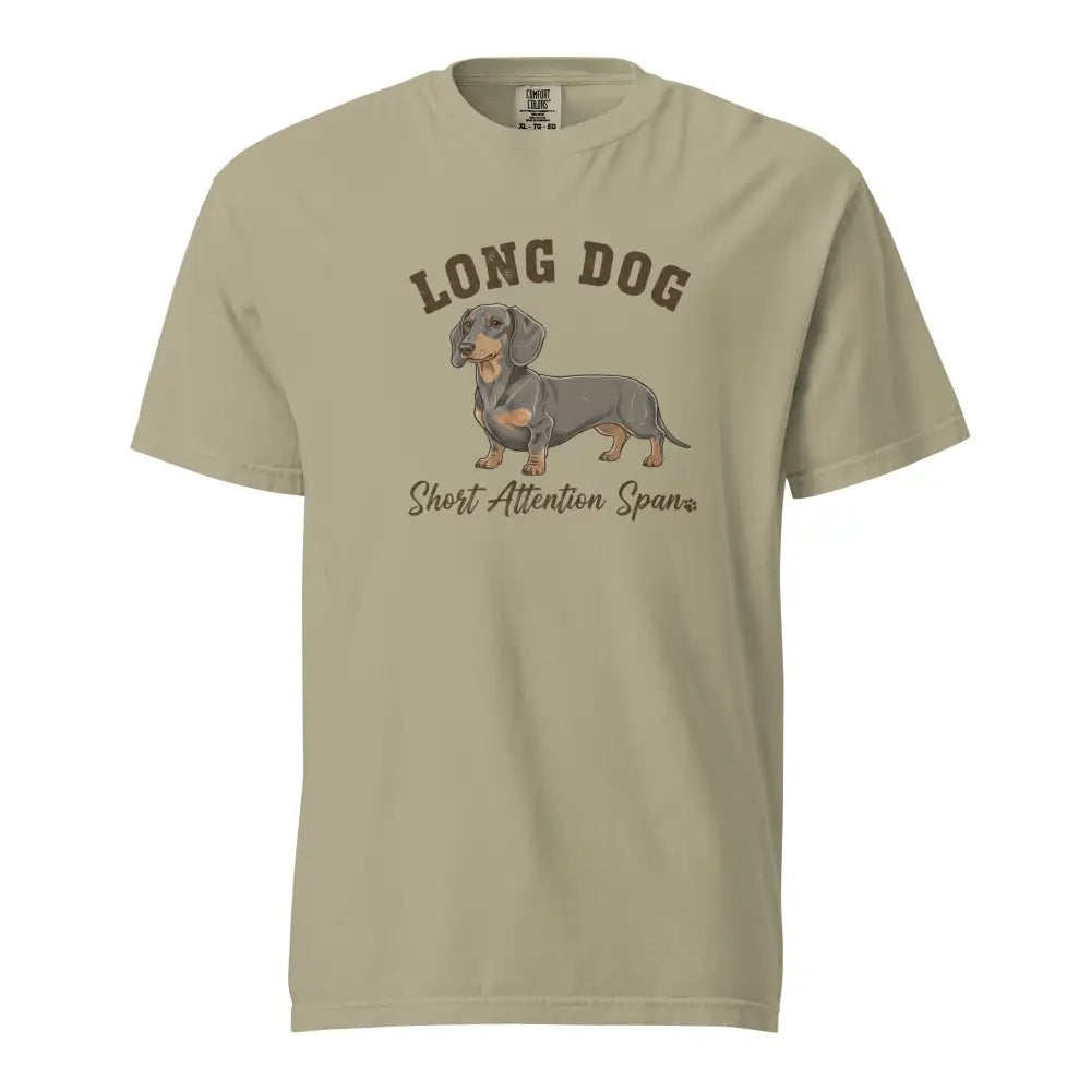 Olive green Dachshund t-shirt with long dog short attention span design