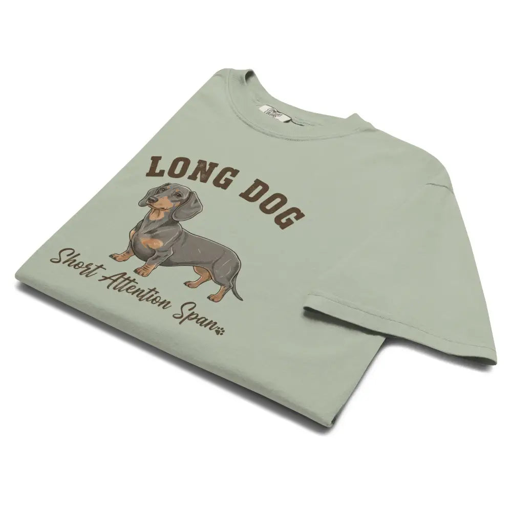 Sage green dachshund t-shirt with long dog short attention span graphic