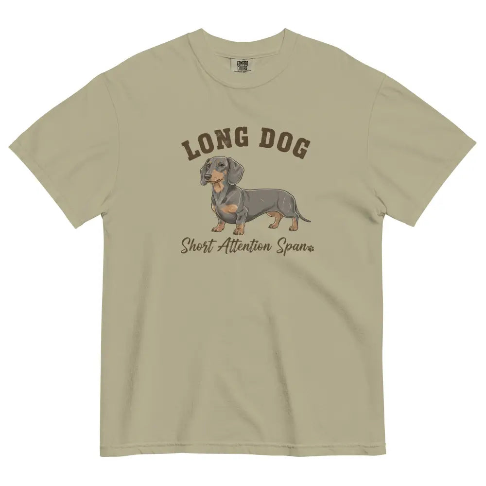 Olive green dachshund t-shirt with long dog short attention span print
