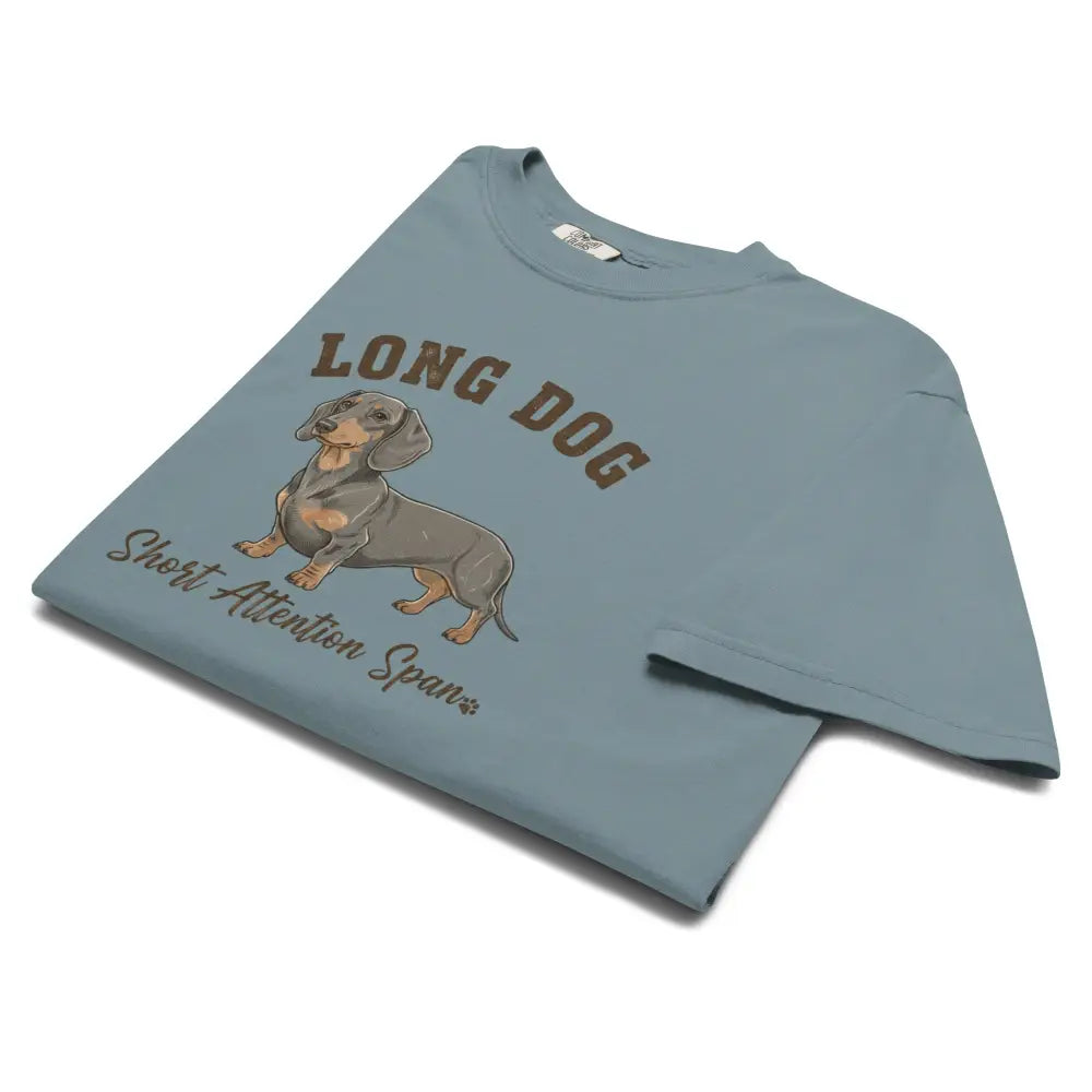 Blue Dachshund T-Shirt with Long Dog Short Attention Span Design
