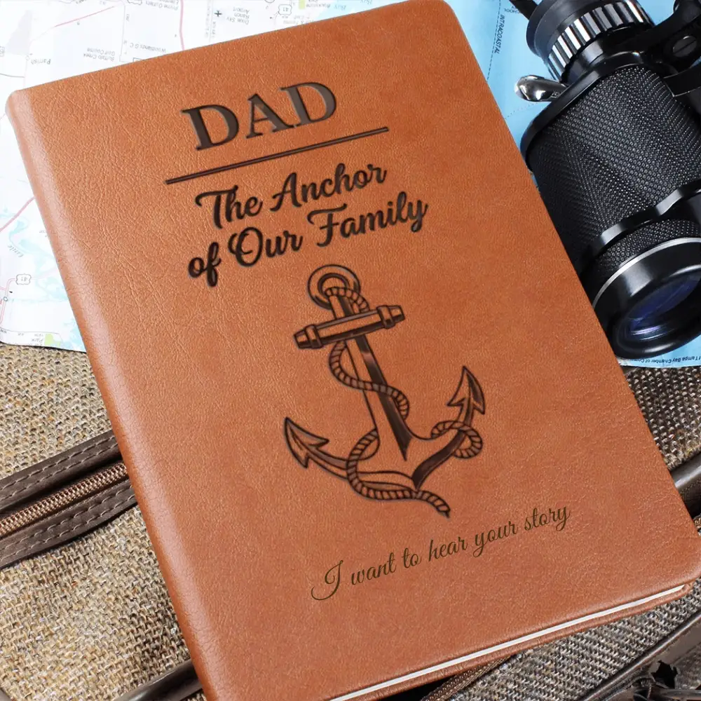 Brown leather journal with anchor design for dad, perfect for custom family vacation shirts