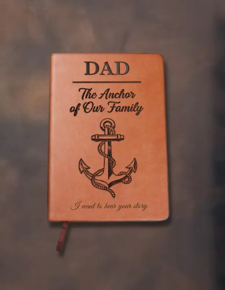 Orange-brown leather dad journal with anchor design, perfect for custom family vacation shirts