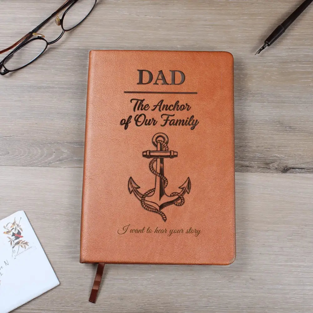Brown leather dad journal with anchor design, perfect for custom family vacation shirts