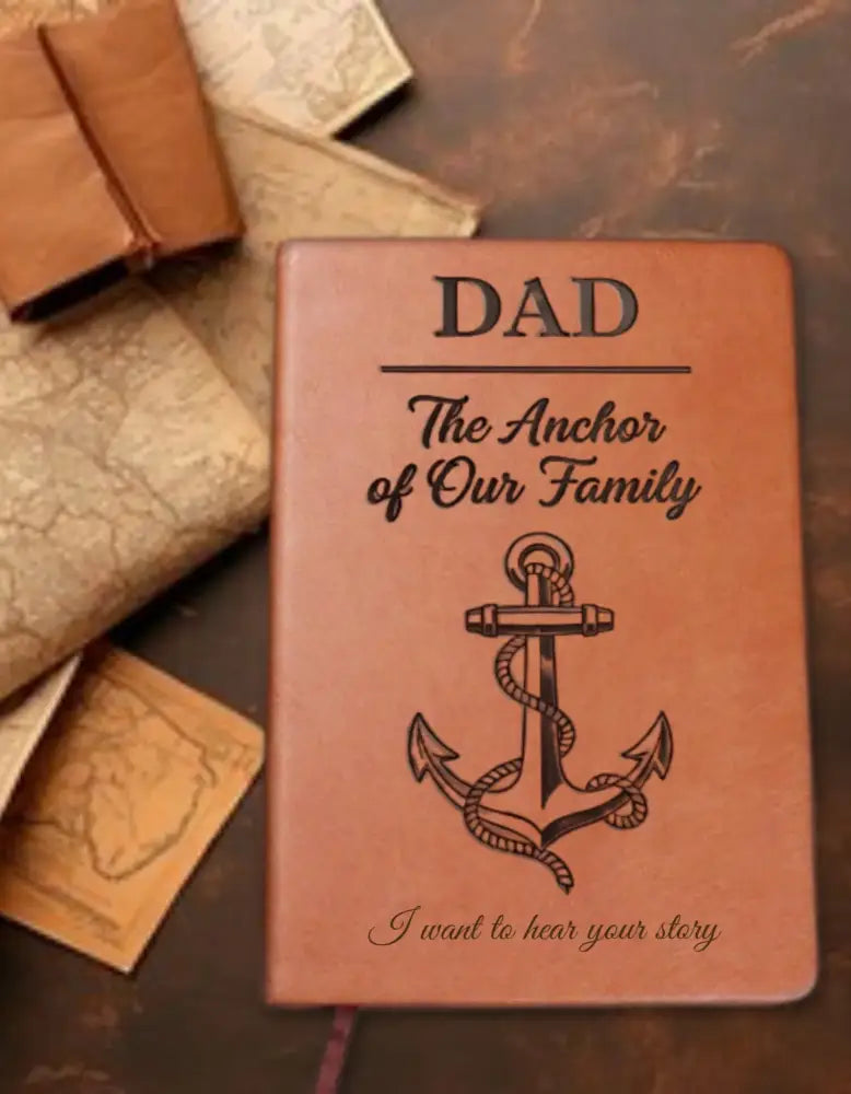 Brown leather-bound dad journal with anchor design, perfect for custom family vacation shirts