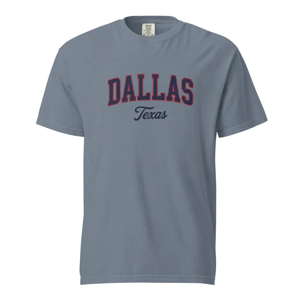 Light blue-gray Comfort Colors graphic tee with vintage varsity arch Dallas Texas design