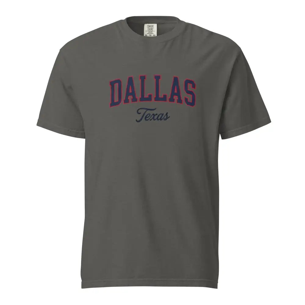 Dark grey Comfort Colors Dallas Texas vintage varsity arch graphic tee