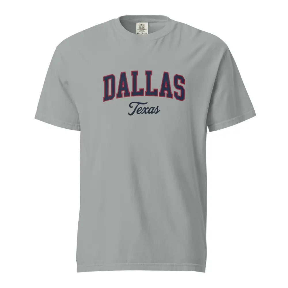 Light gray Comfort Colors Dallas Texas vintage varsity arch graphic tee
