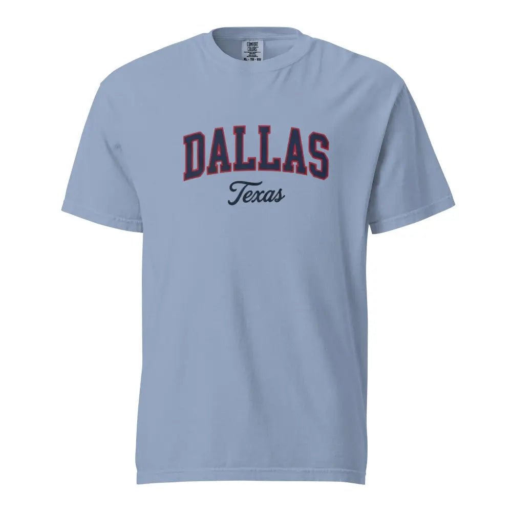 Light blue Comfort Colors vintage varsity arch Dallas Texas graphic tee