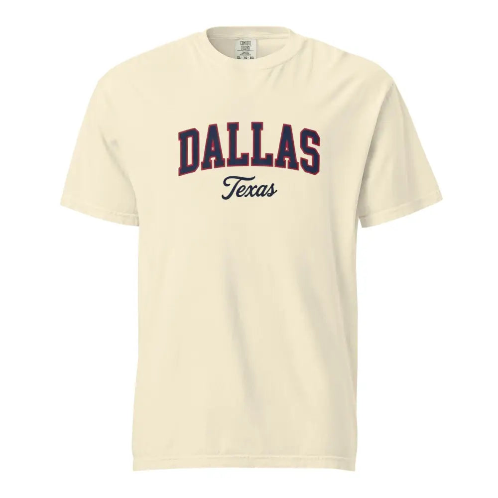 Cream-colored Comfort Colors vintage varsity arch graphic tee with Dallas Texas print